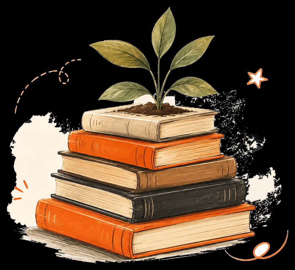 A growing plant rising from a stack of books