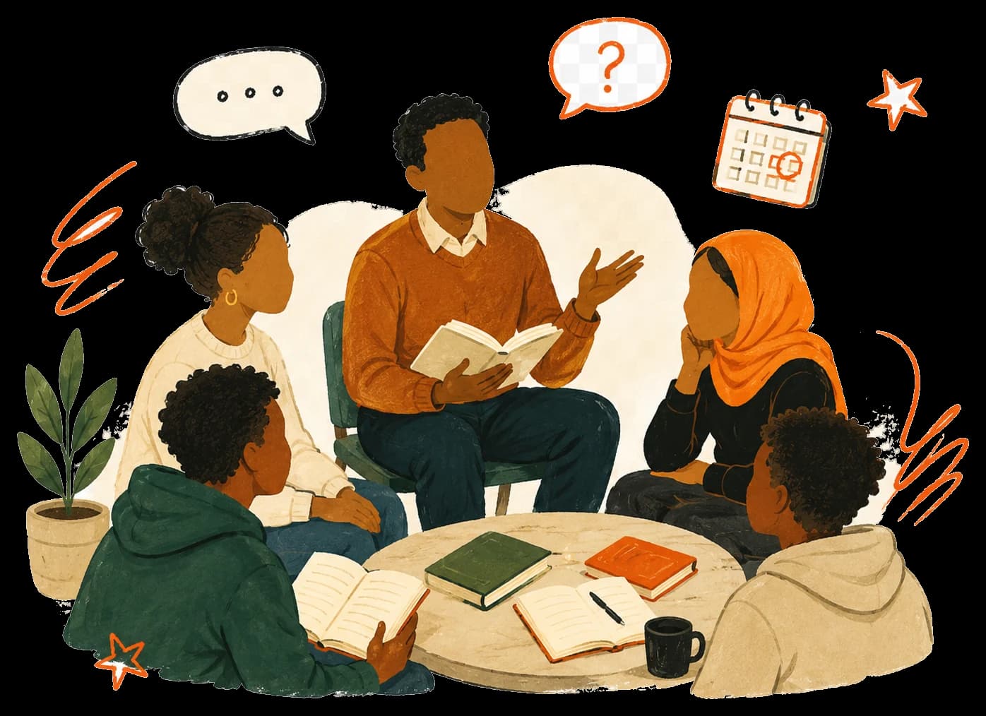 Readers gathering around a table for a guided book discussion