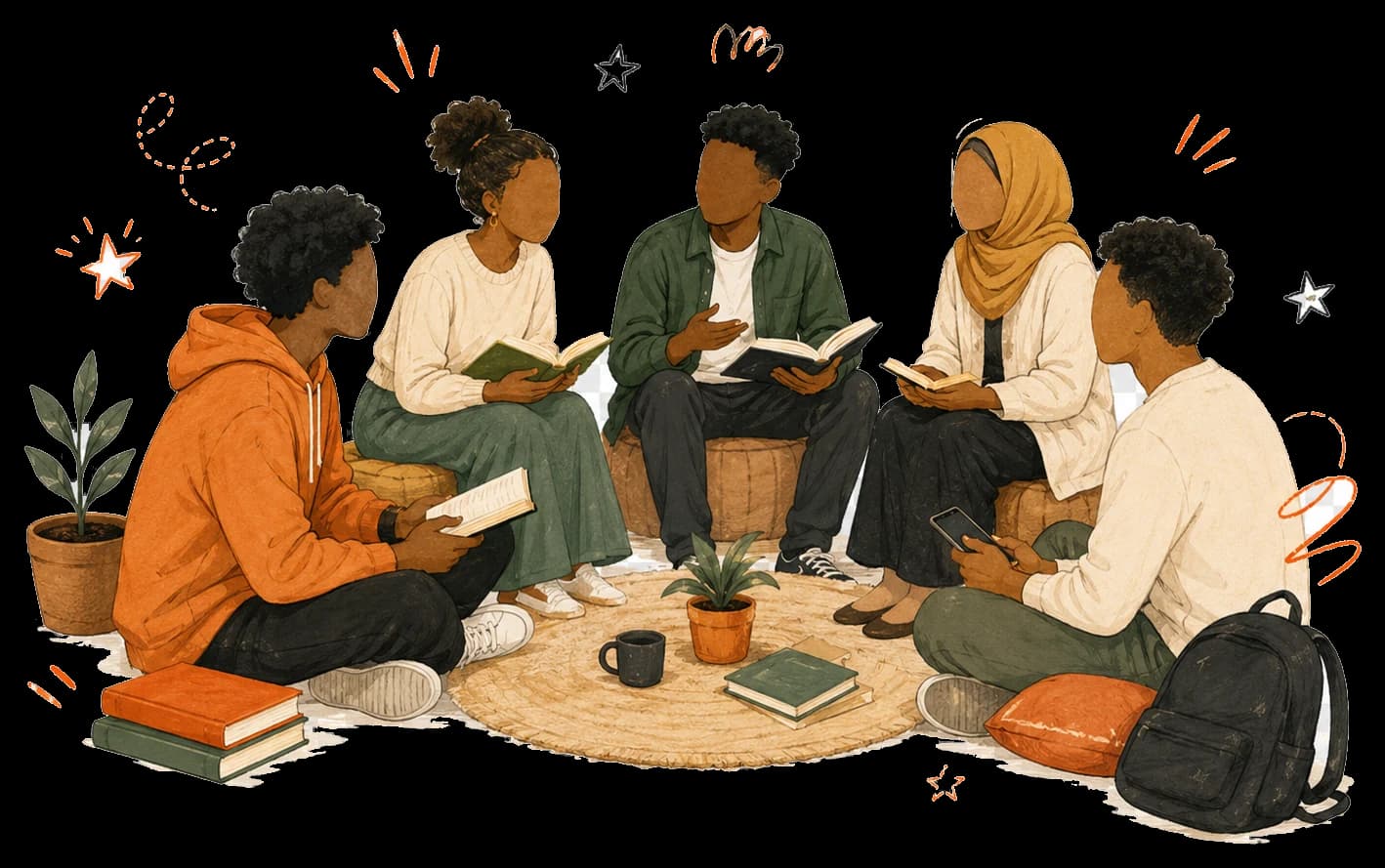 Young readers sitting in a circle with books and discussing ideas