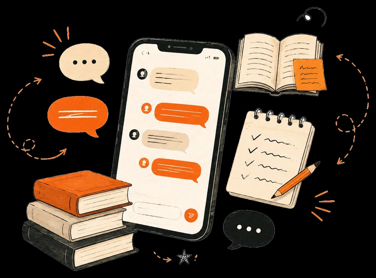 A phone, books, notes, and conversation bubbles representing community contact
